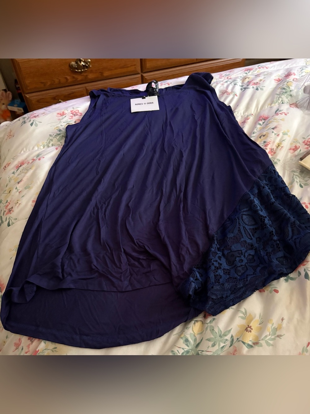 Sleeveless Navy Top with Lace Panel